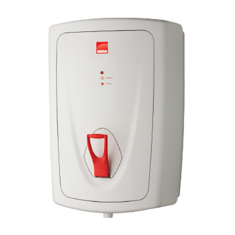 White water heater with red handle and logo on a white background