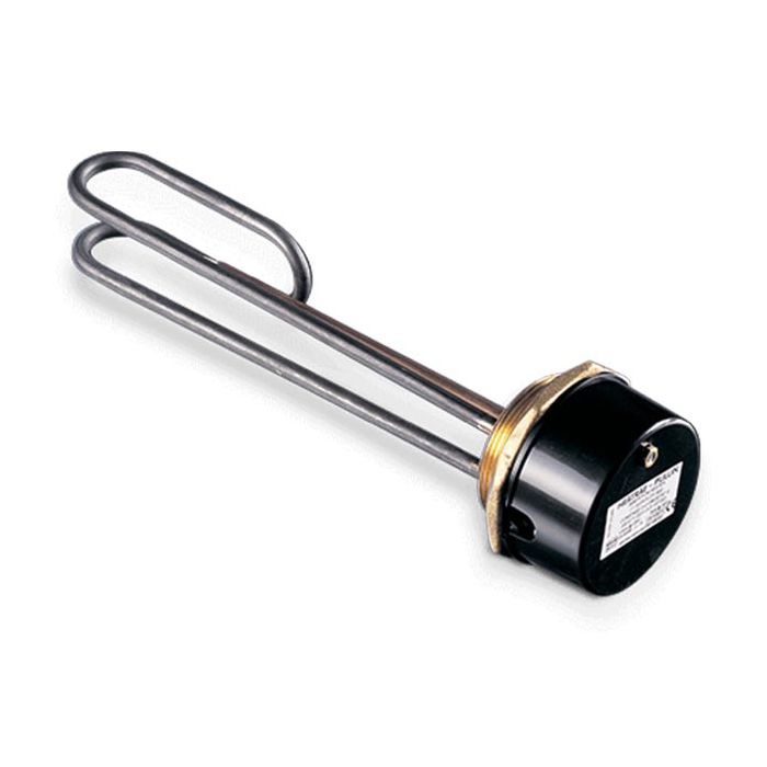 Metal heating element with black and gold end on a white background