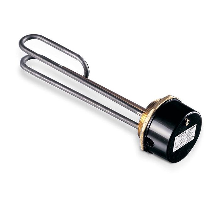 Stainless steel heating element with black and gold end on a white background