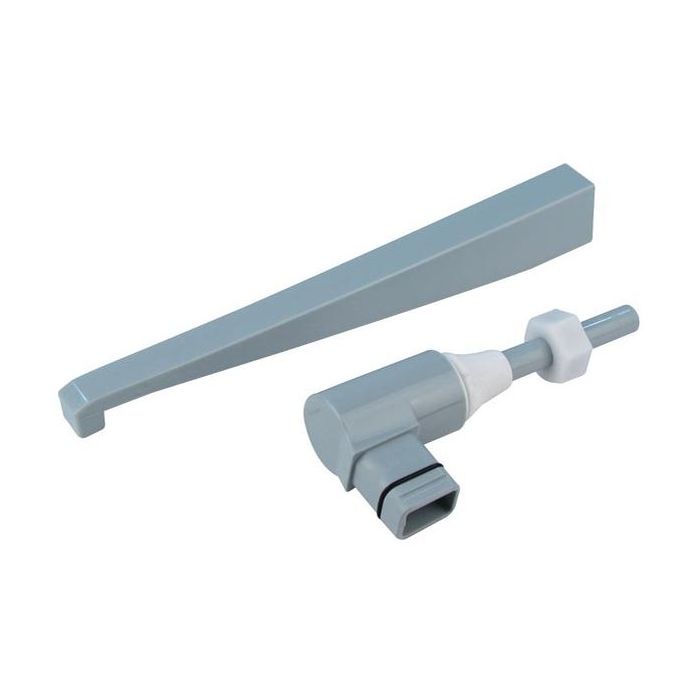 Grey plastic spout with a cylindrical head and handle on a white background