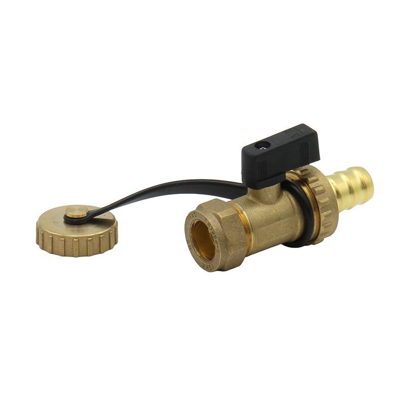 Brass valve with black plastic connector on a white background