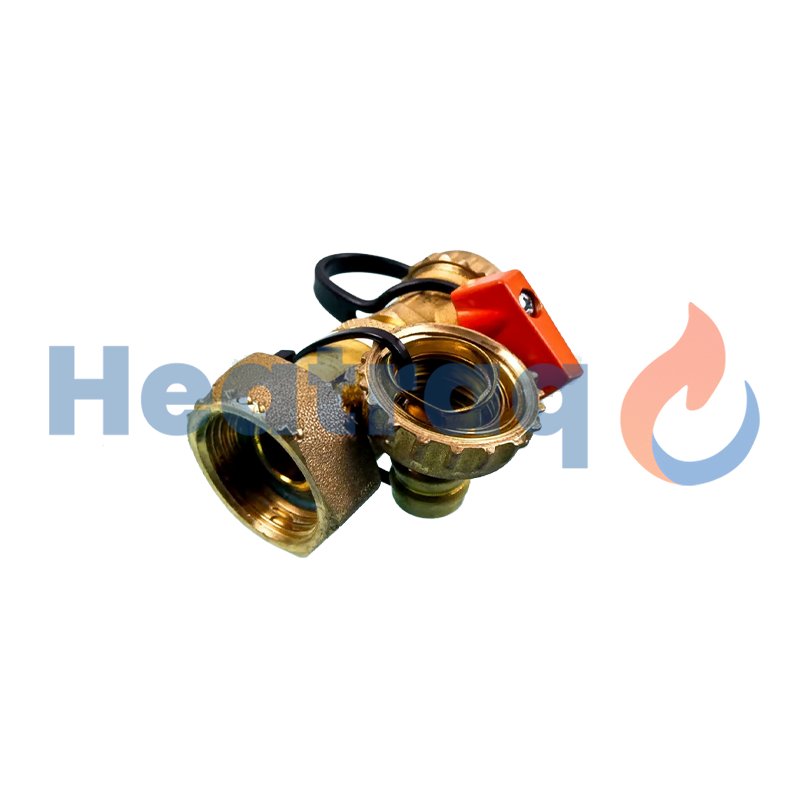 Brass valve with black and red components on a white background,