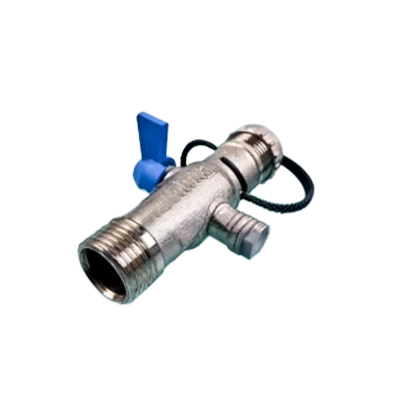 Metal valve with a blue handle on a white background