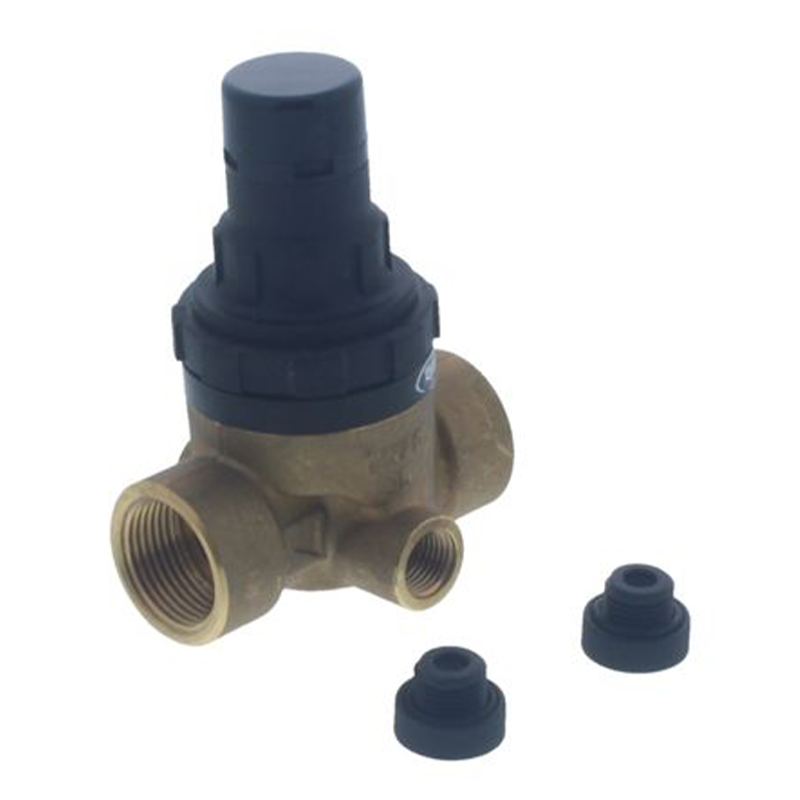 Brass valve with blue cap and additional blue caps on a white background