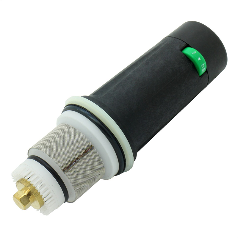 Black and white cartridge with a green button on a white background