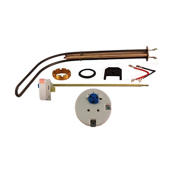 Set of mechanical parts including a coil, connectors, and a valve on a white background