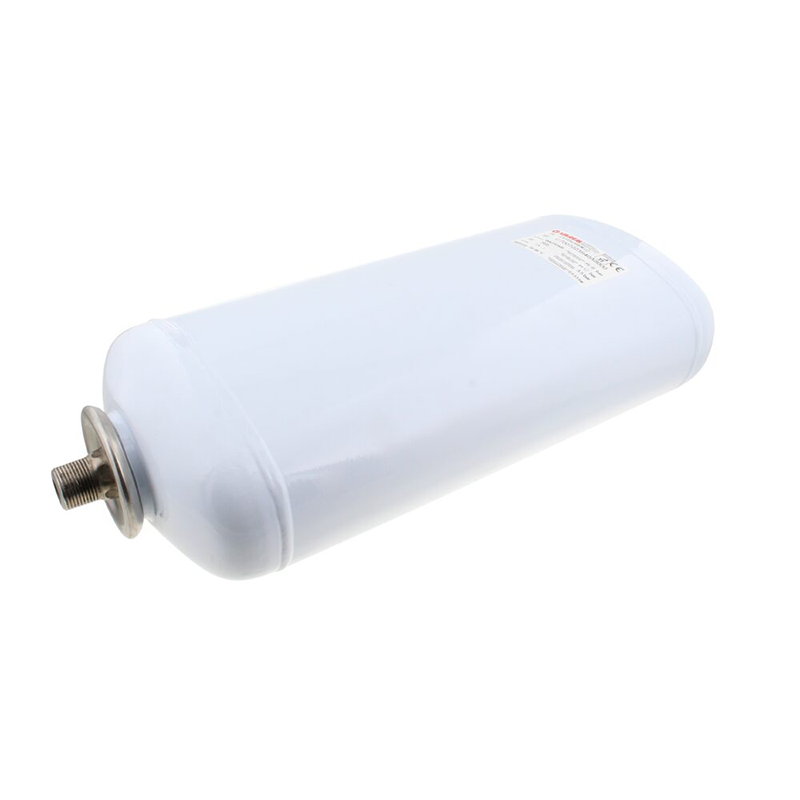 White cylindrical water tank with a metal fitting on a white background