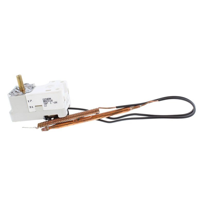 A white plastic thermal switch module with a brass terminal, copper heating elements, and black wires, shown on a plain white background.