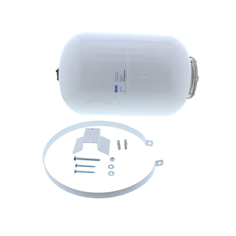 A white expansion vessel shown with its mounting hardware, including a circular bracket, screws, washers, and a metal bracket, on a solid white background.