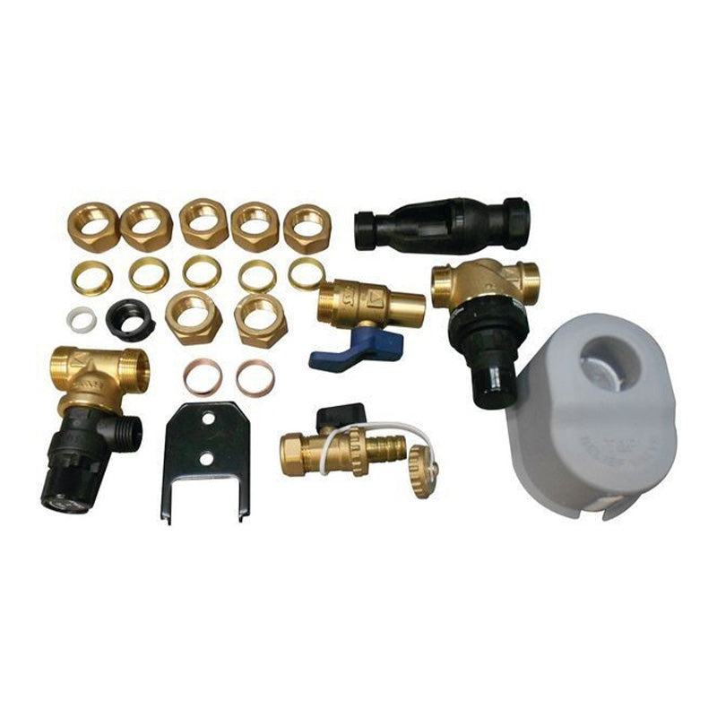 A water heater replacement parts kit containing various brass valves, nuts, washers, a black plastic pipe fitting, a blue-handled valve, a black metal bracket, and a white plastic component, all arranged on a white background.