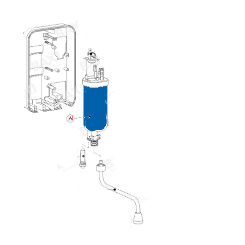 An exploded-view technical diagram showing a cylindrical blue filter cartridge with a hose and mounting hardware on a white background.