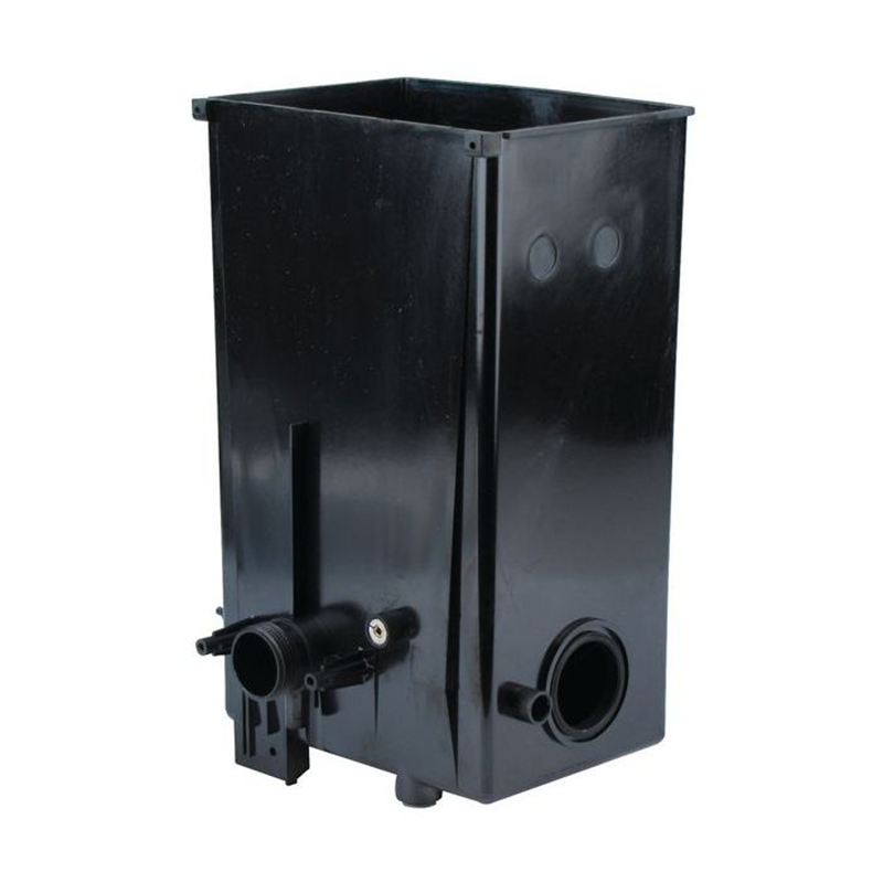 A black plastic rectangular water heater tank with various connection ports and mounting points, shown against a plain white background.
