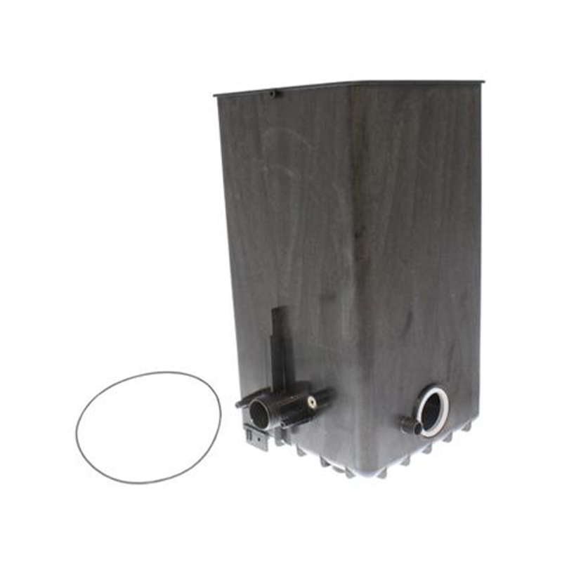 A black rectangular plastic water heater storage tank with a small circular gasket lying beside it, photographed on a plain white background.