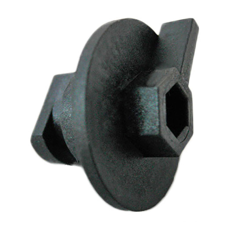 A black plastic hex key clip or fastener with a circular base and a flat wing-like extension, shown on a plain white background.