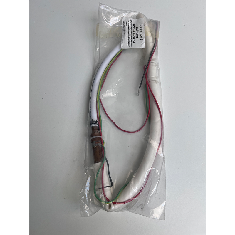 Electrical cable with connectors in a clear plastic bag on a gray background