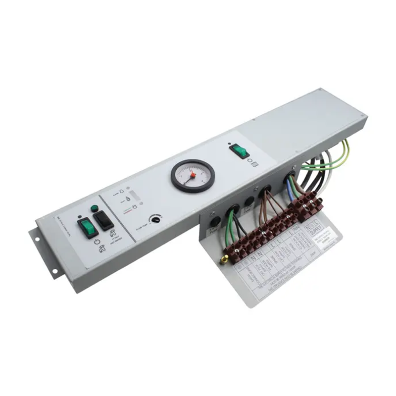 Electrical control panel with gauge and buttons on a white background