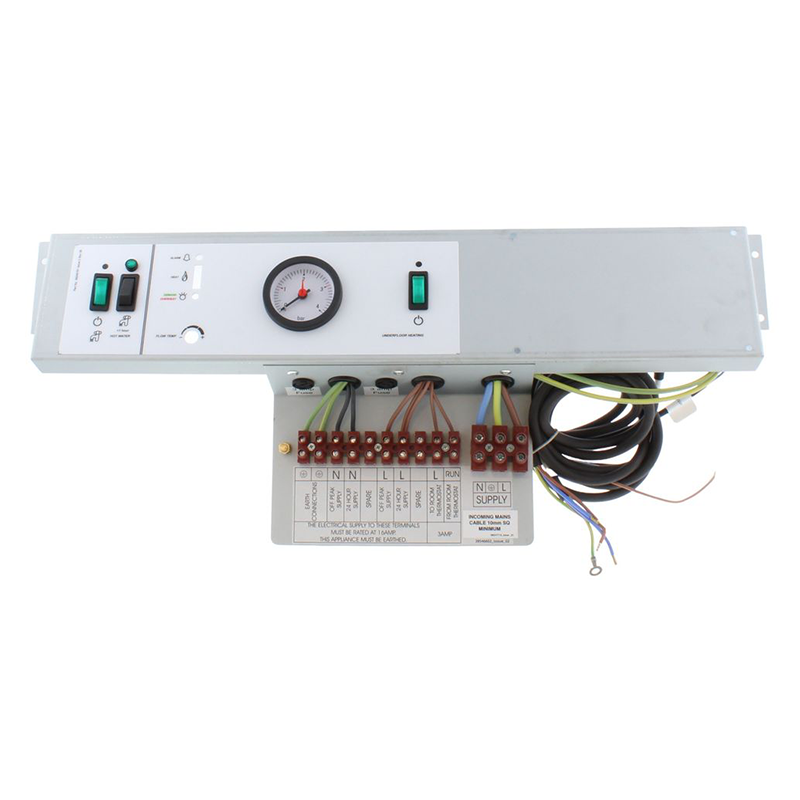Electrical control panel with wiring on a white background