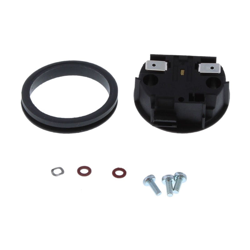Black plastic electrical connector housing kit with a circular black gasket, two small red washers, a metal washer, and three silver screws on a white background.