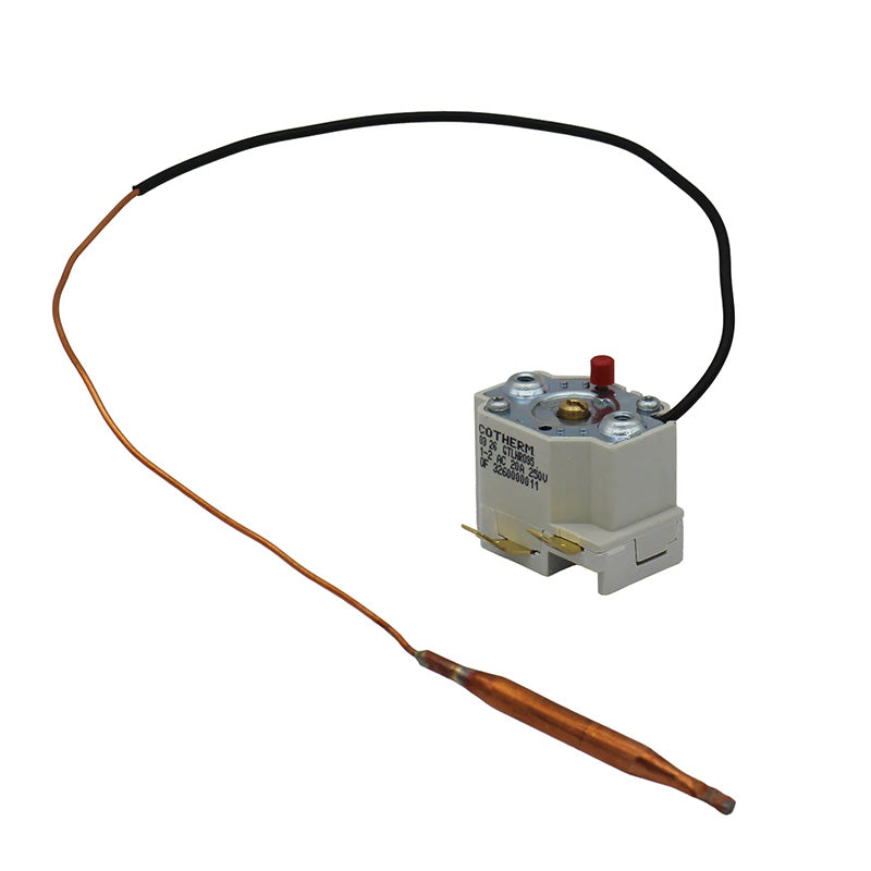 A small electrical thermal switch or relay component with a gray plastic housing, a red terminal, a black wire loop, and a copper probe attached to a copper wire, shown on a plain white background.