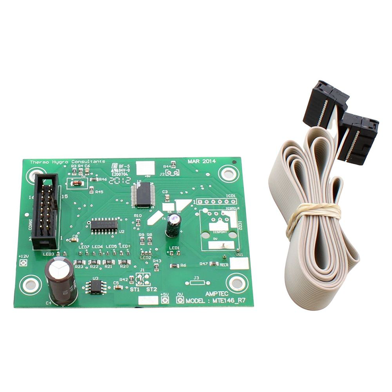 Green electronic circuit board with connectors and cable on a white background