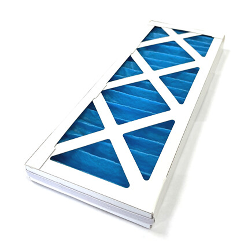 Blue and white air filter on a white background