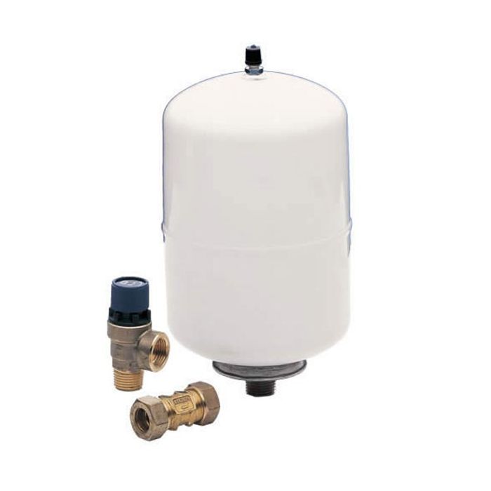 White pressure tank with brass valves on a white background