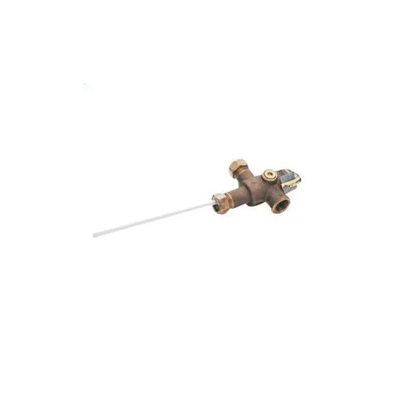 Pressure and temperature relief valve with a copper body on a white background