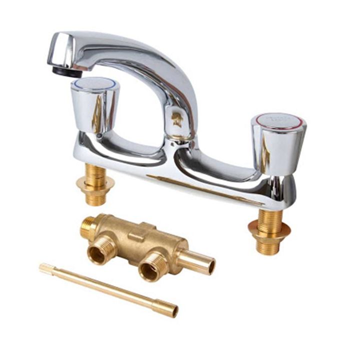 Chrome faucet with brass components on a white background