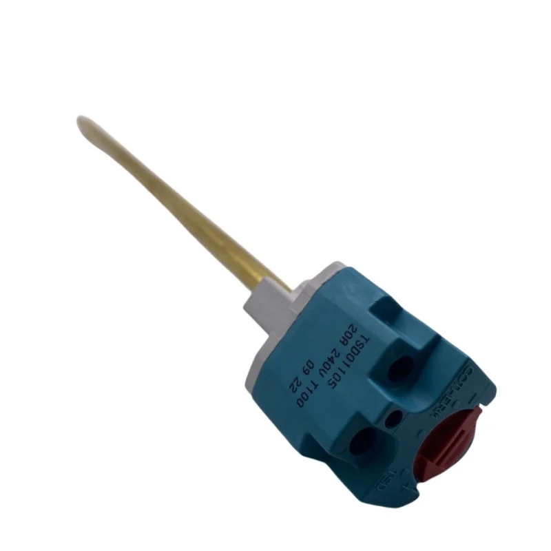 Thermocouple with blue housing and gold probe on a white background