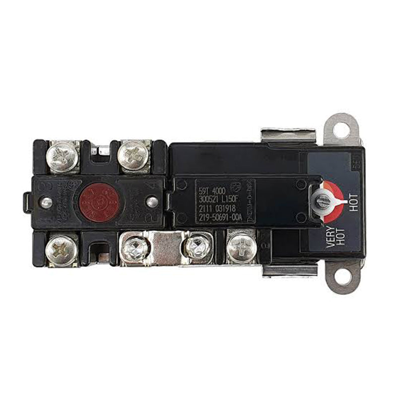 A black electrical contactor or relay component with silver screw terminals, a red circular button, and a red-and-white hot terminal switch, photographed on a plain white background.