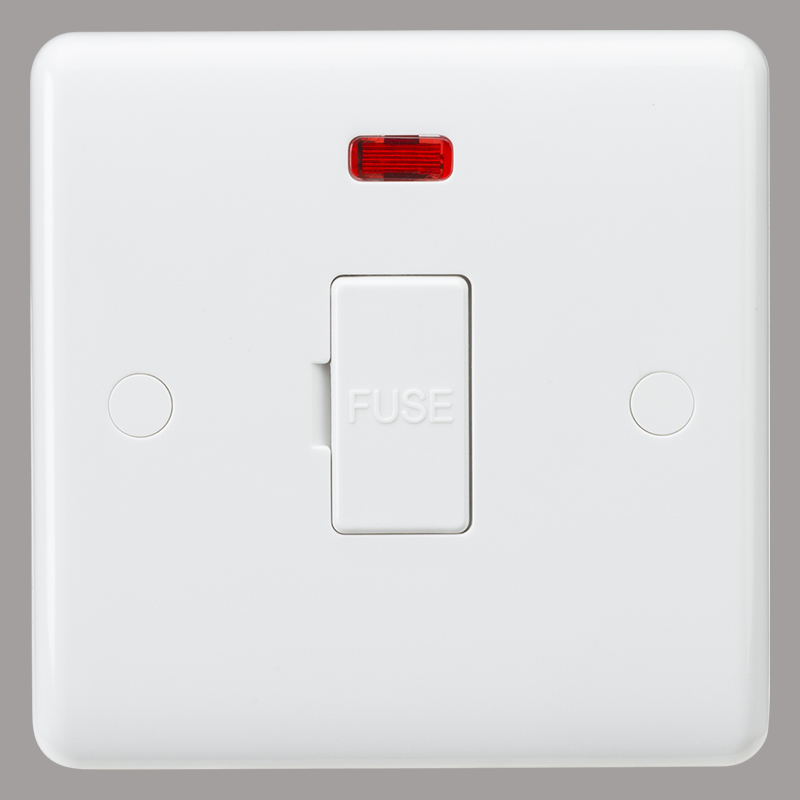 White fused switch with a red neon indicator light on a grey background