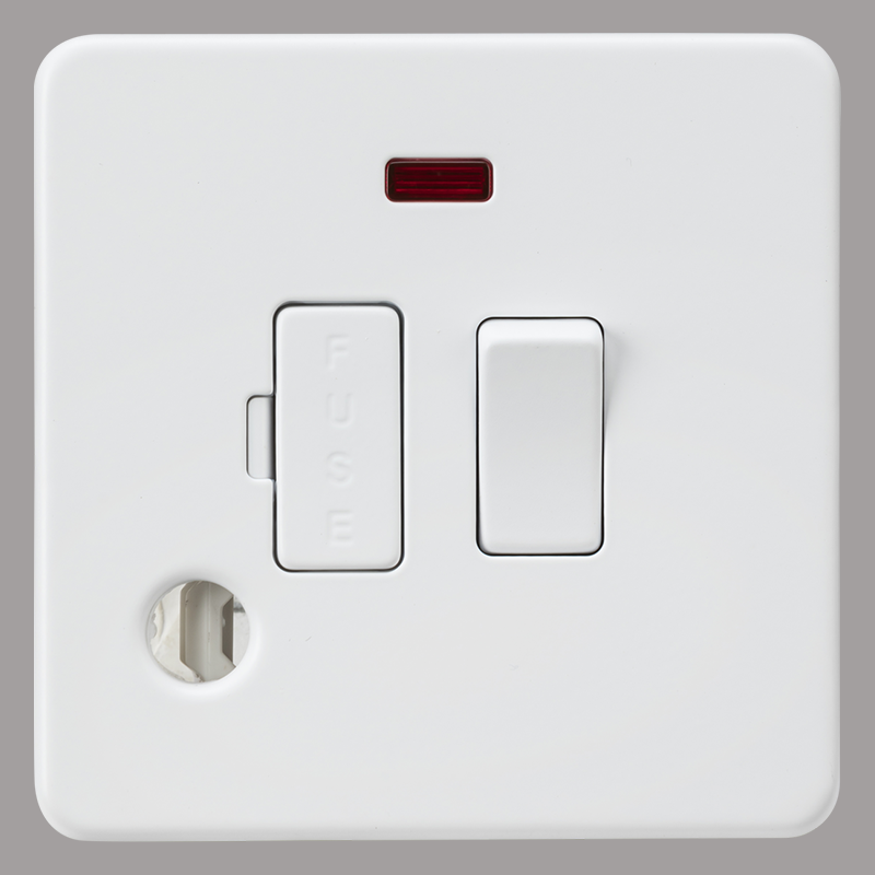 White isolator switch with red indicator on a grey background