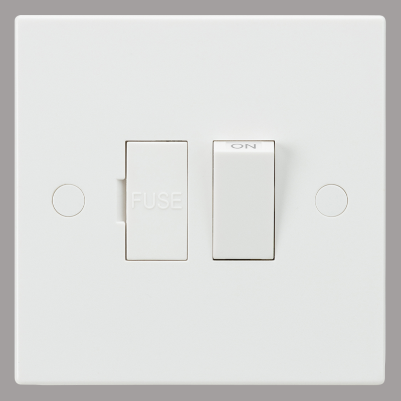 White wall isolator switch with 'Fuse' and 'On' labels on a gray background