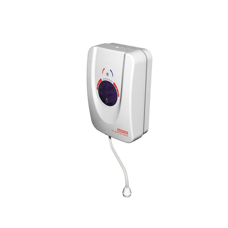 A white wall-mounted automatic hand wash with a circular dial control, red and blue indicator markings, and a clear plastic drip tray hanging below, shown against a plain white background.