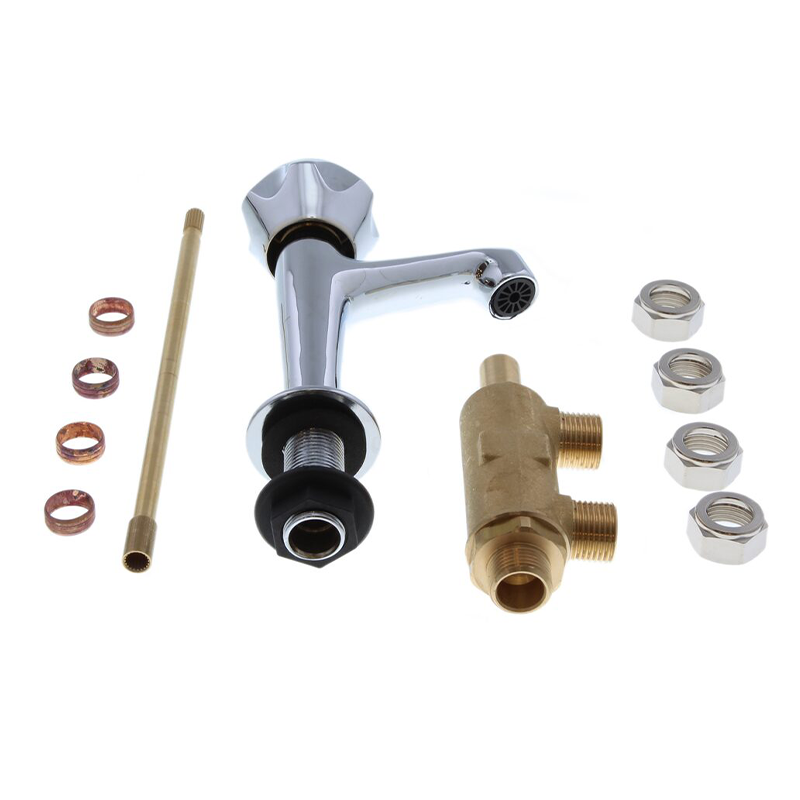A bathroom faucet assembly kit with a chrome single-handle faucet, a brass ball valve, a brass rod, copper washers, and silver nuts on a white background.