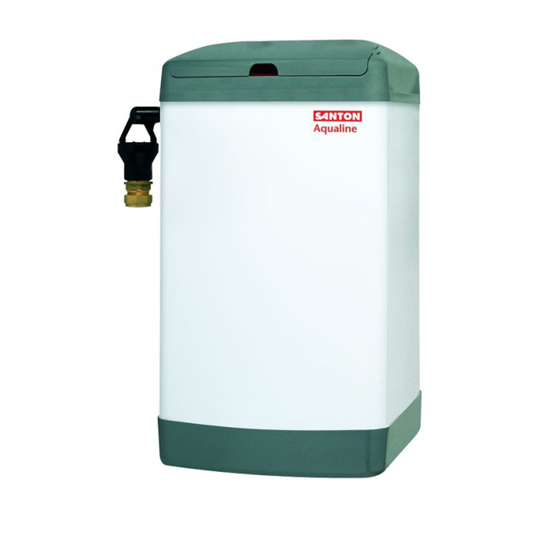 A Santon Aqualine water heater with a white body, dark green top and bottom caps, and a black hose connector with a brass fitting on the left side, shown against a plain white background.