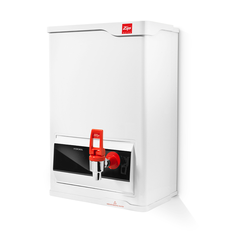 White water dispenser with red and black accents on a white background