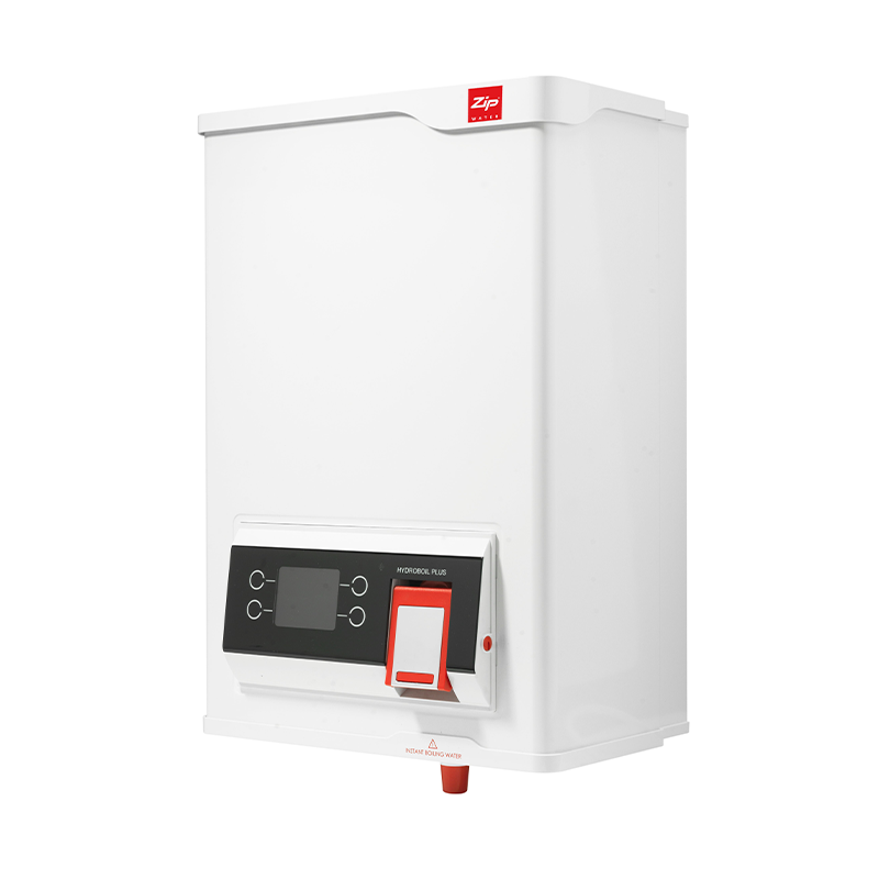 White water heater with digital display and red logo on a white background