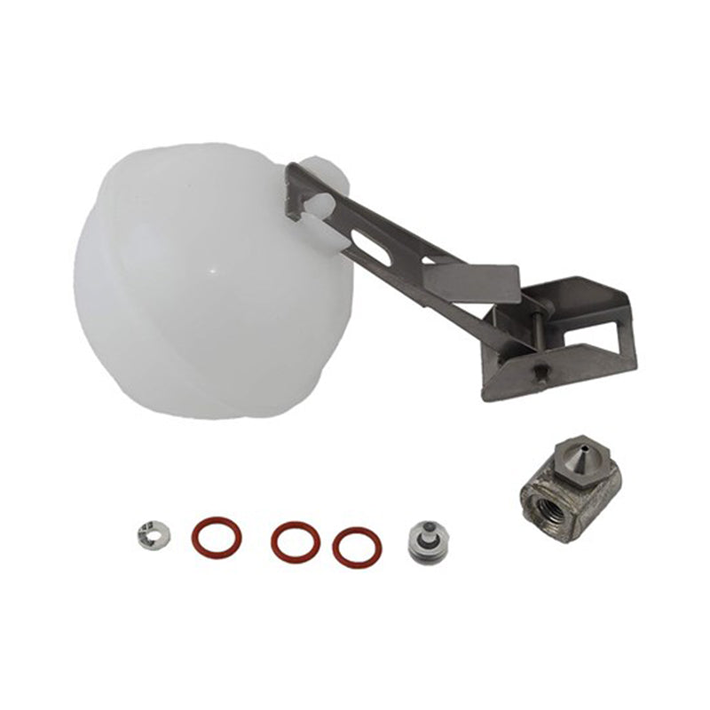 Plumbing component with a white ball and metal arm on a white background
