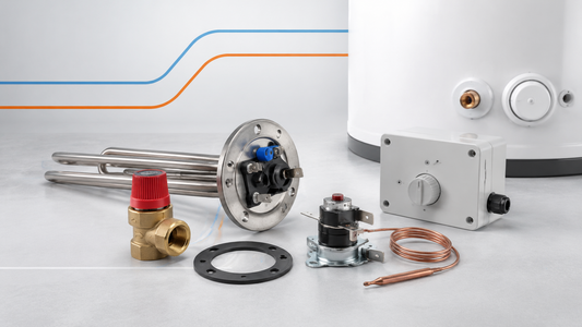 Genuine water heater spare parts including an immersion heater, thermostat, pressure relief valve and gasket beside a hot-water cylinder