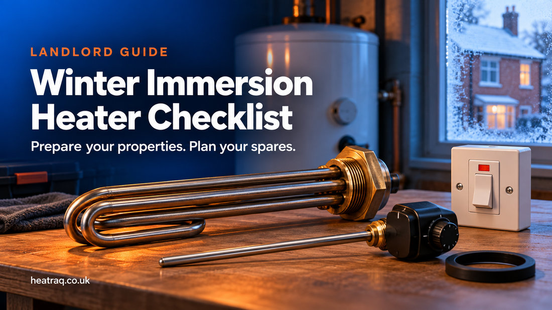 Immersion heater element, thermostat, gasket and electrical switch beside a hot water cylinder, illustrating winter preparation for landlords.