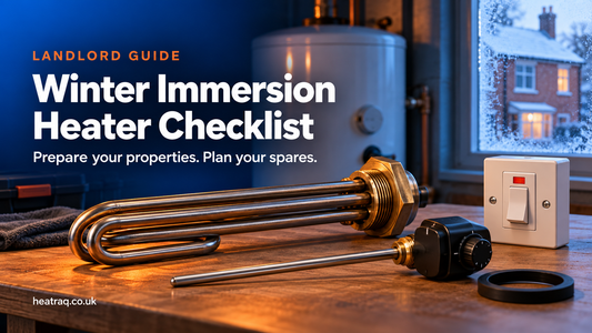 Immersion heater element, thermostat, gasket and electrical switch beside a hot water cylinder, illustrating winter preparation for landlords.