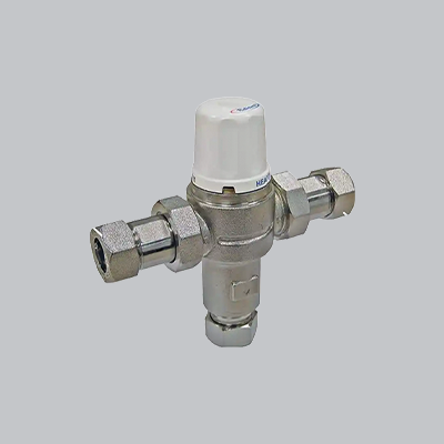 A stainless stell thermostatic valve on a white background