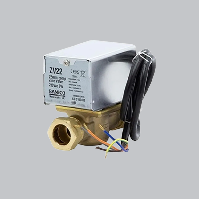 A solenoid valve and 2-port motorised valve on a white background