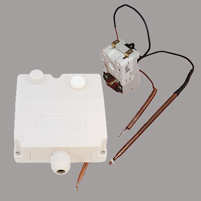 A thermostat cut-out and a cut out assembly on light grey background