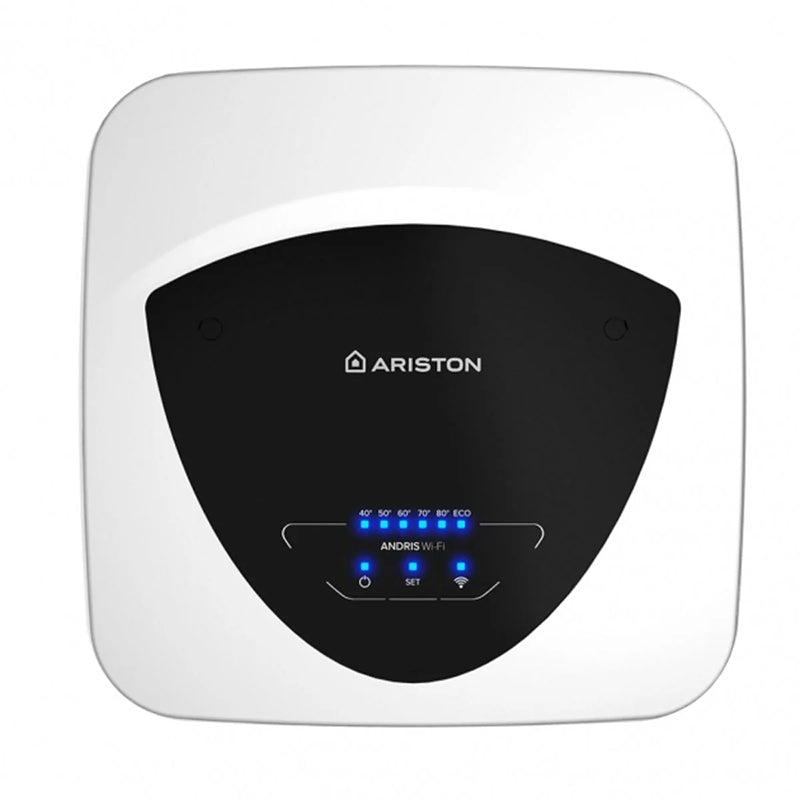 Ariston Wi-Fi water heater with a white square housing, rounded corners, and a black central panel displaying blue LED status indicators.