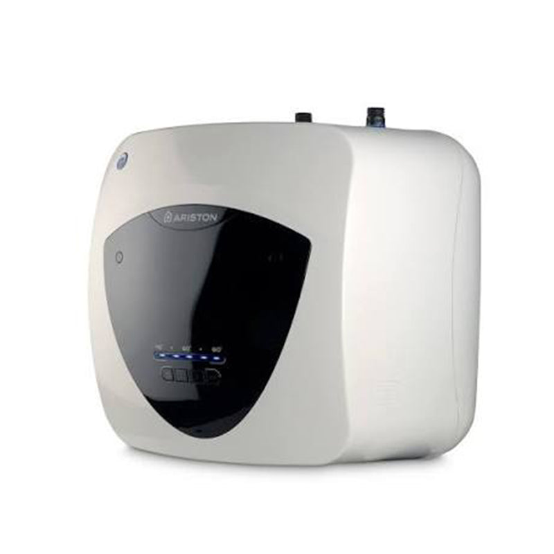 Ariston water heater in white with a large black front display panel, shown on a plain white background.