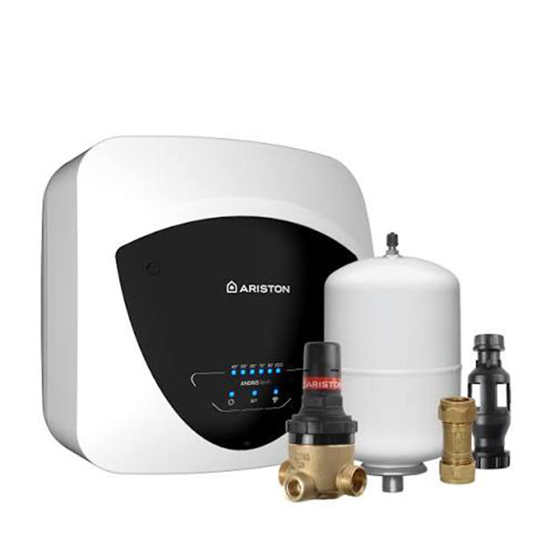 Ariston water heater kit with a white and black control panel unit, a white cylindrical pressure tank, a brass valve, and two black fittings on a plain white background.