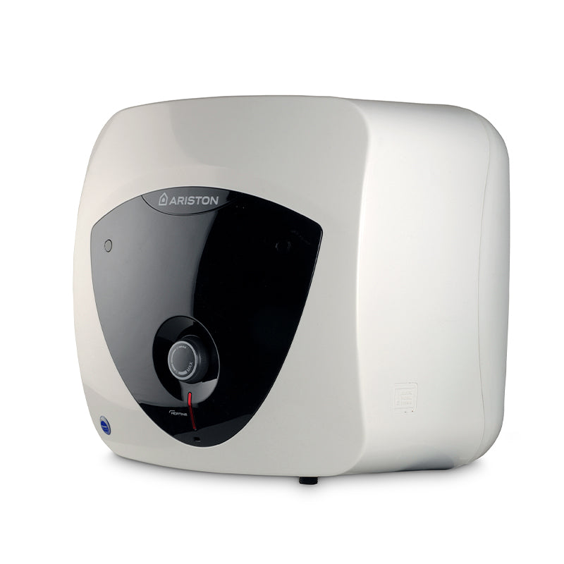 Ariston electric water heater in a compact rectangular shape with rounded corners, featuring a glossy black front panel and a white outer casing, shown on a plain white background.