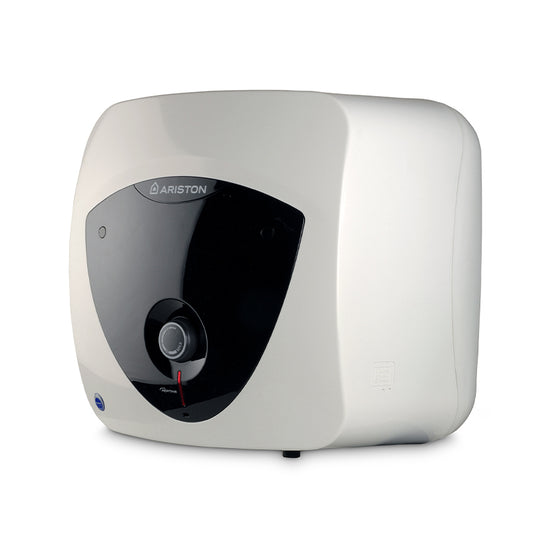 Ariston electric water heater in a compact rectangular shape with rounded corners, featuring a glossy black front panel and a white outer casing, shown on a plain white background.